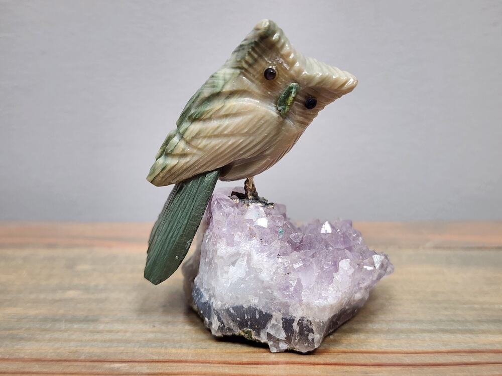 Vintage Hand Carved Gemstone Owl On Amethyst 3"